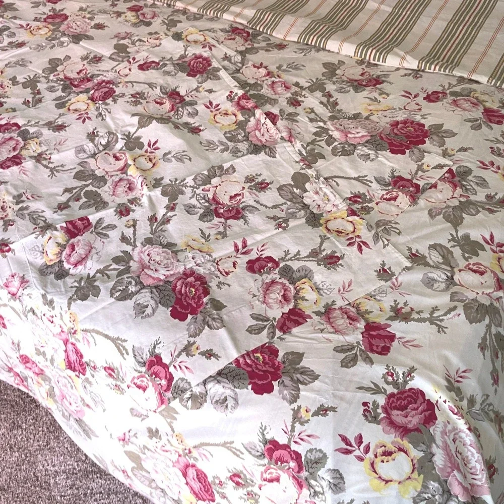 Pottery Barn Duvet Cover 2 Standard Shams Full Size Cream Cabbage Roses Stripes